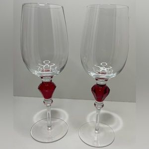 Pair of tall glass jeweled stem wine glasses